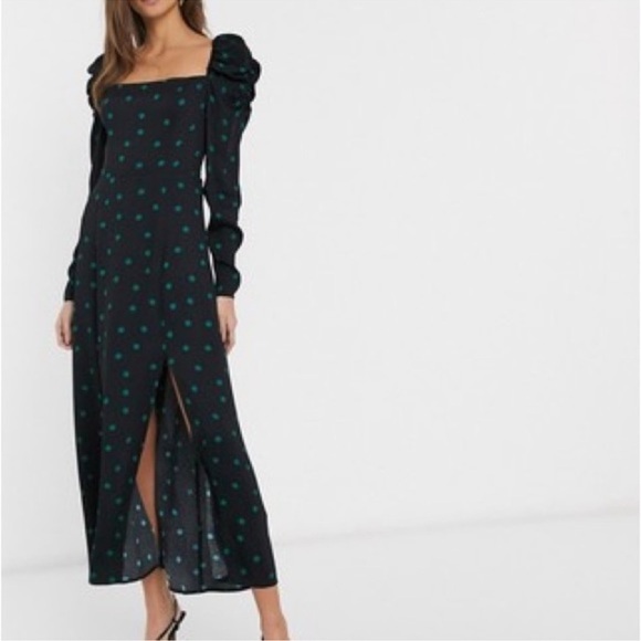 & Other Stories Dresses & Skirts - NWT & Other Stories Black Green Polka Dot Puff Sleeve Slit Midi Dress size 6
